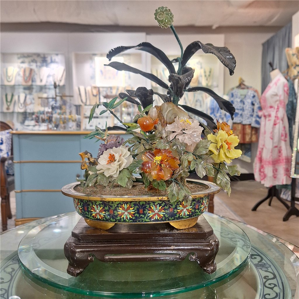 16''H - Cloisonne Basin And Jade Stone Flowers And Plants. C 1980 - 1 item left.