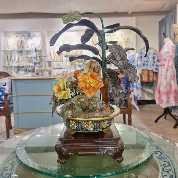 16''H - Cloisonne Basin And Jade Stone Flowers And Plants. C 1980 - 1 item left.