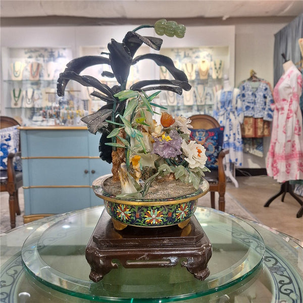 16''H - Cloisonne Basin And Jade Stone Flowers And Plants. C 1980 - 1 item left.