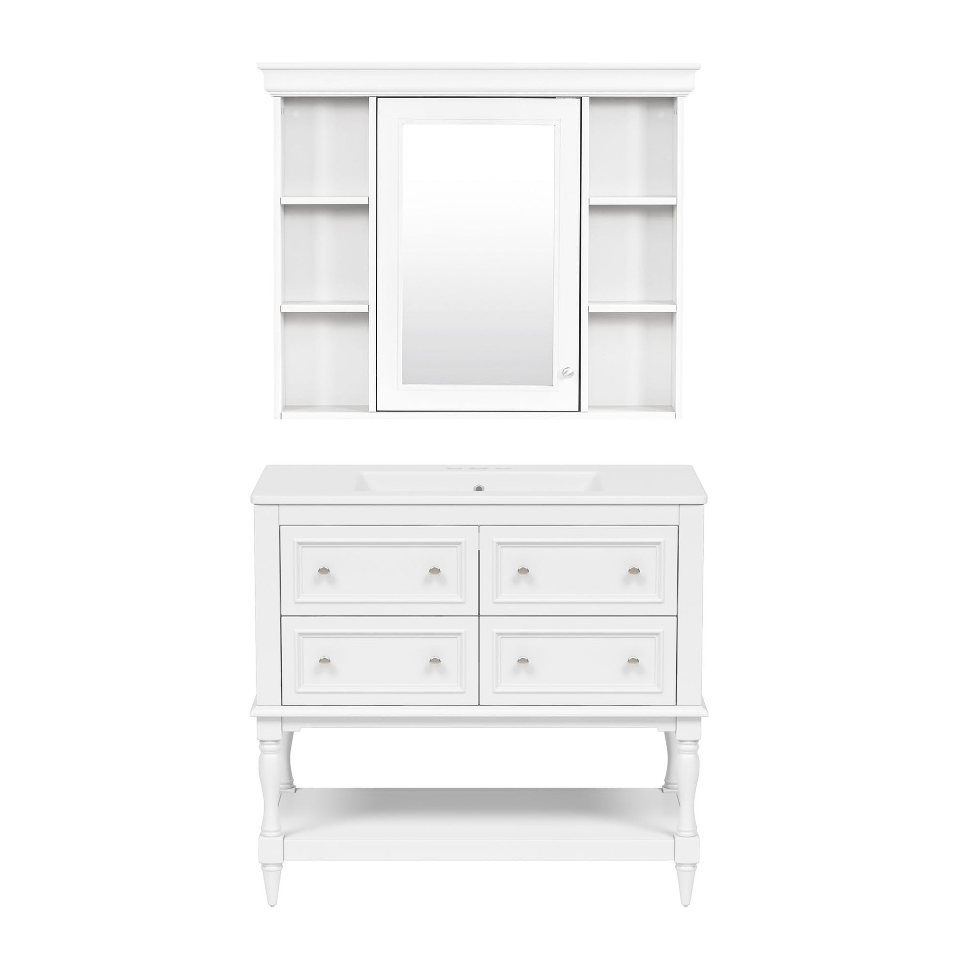 36'' Bathroom Vanity with Medicine Cabinet, Modern Mirror Cabinet with Adjustable Shelf, Bathroom Storage Cabinet with 4 Drawers, Solid Wood Frame Bathroom Storage Cabinet