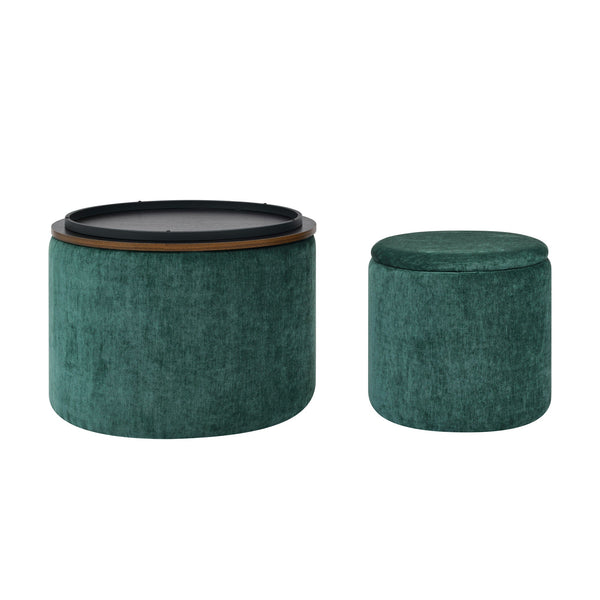 2-Piece Round Chenille Storage Ottoman Set with Drum Stool and MDF Desktop Panel