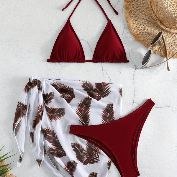 Feather Luxe 3-Piece Bikini Set – Exotic Feather Print Halter Neck Backless Swimsuit with High Cut Tie Back Bottoms and Wrap Cover-Up – Women’s High-Stretch Comfortable Swimwear for Summer Beach & Pool Vacations