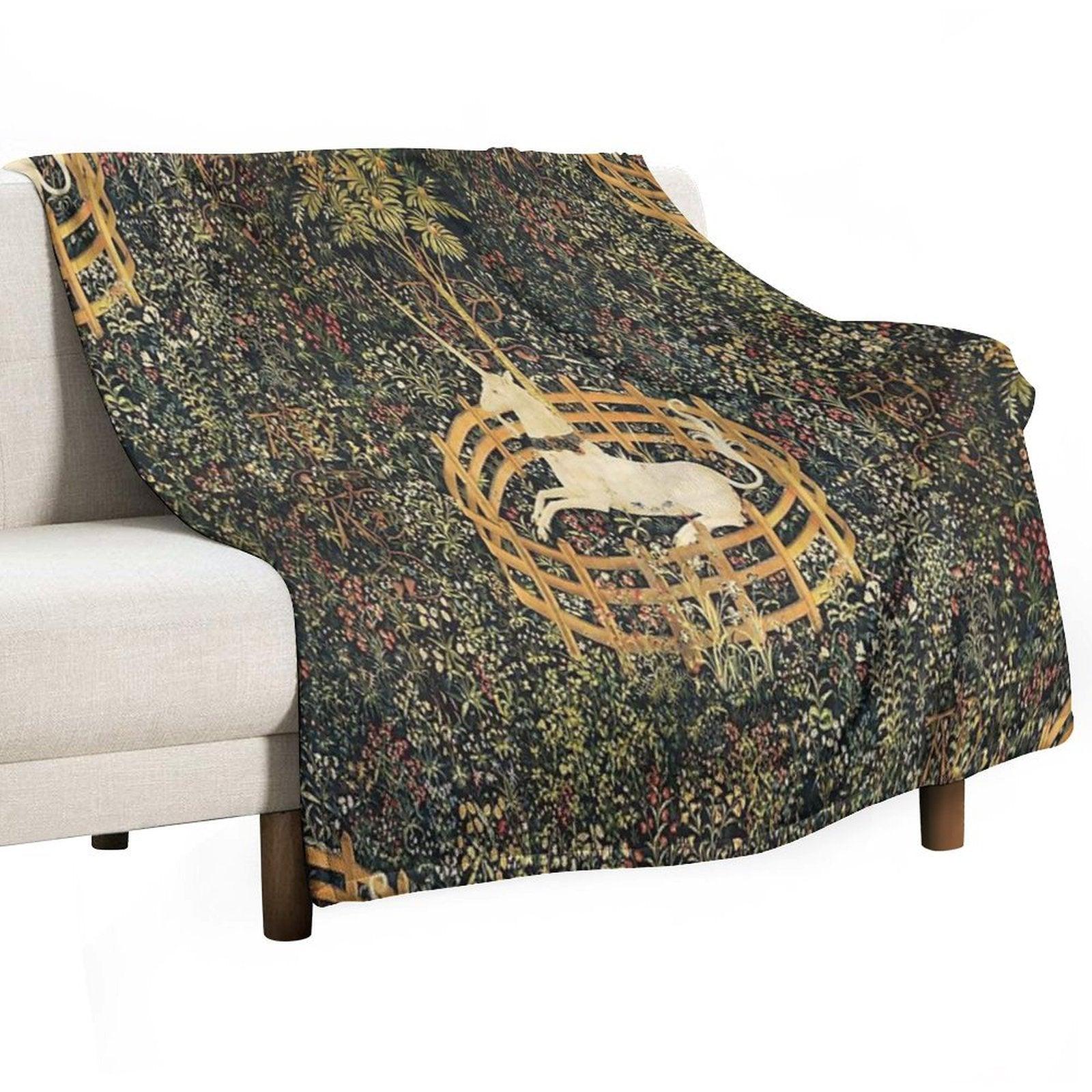 UNICORN IN CAPTIVITY AND GOTHIC FANTASY FLOWERS, GREEN FLORAL MOTIFS Throw Blanket