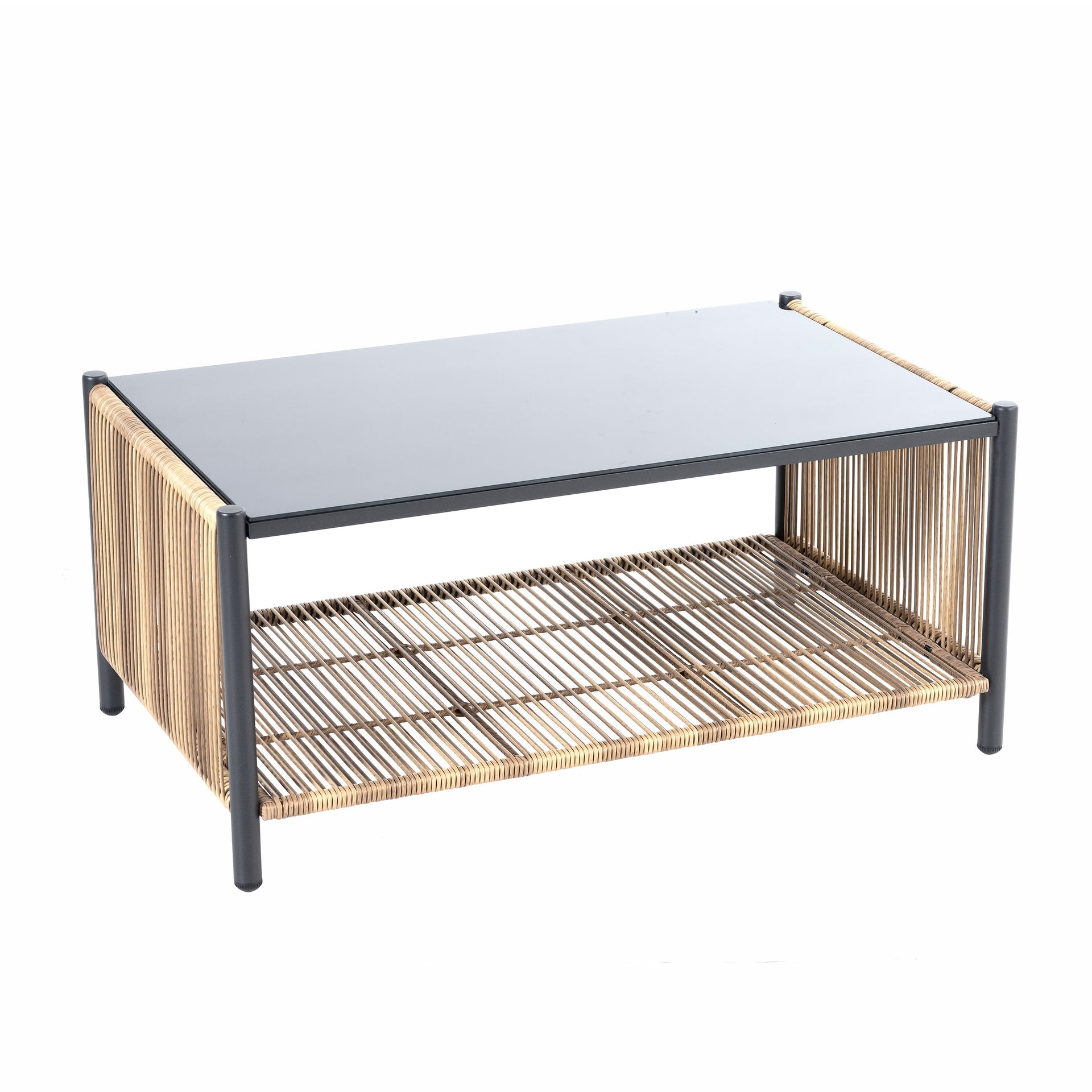 Outdoor PE Wicker 2-Seater Sofa Set with Grey Cushions and Table