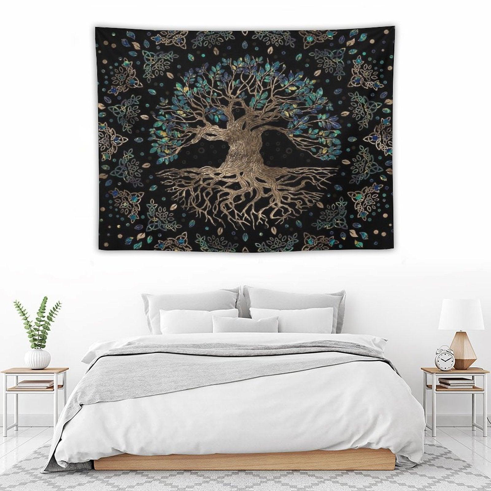 Tree of Life -Yggdrasil Golden And Marble Ornament Tapestry