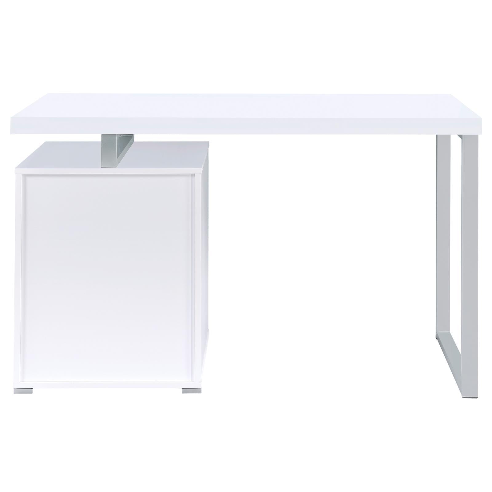 White 3-drawer Reversible Office Desk with left-side drawer configuration and wide desktop for efficient workspace arrangement.