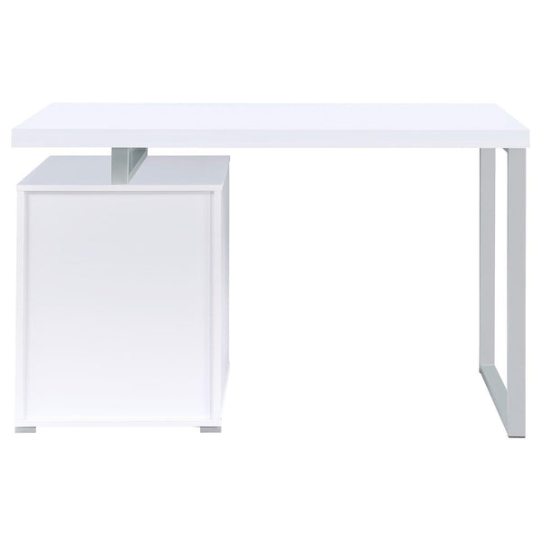 White 3-drawer Reversible Office Desk with left-side drawer configuration and wide desktop for efficient workspace arrangement.