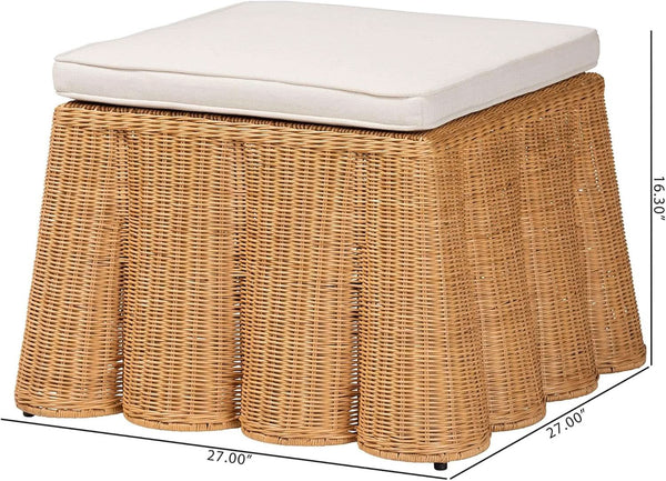 Honey Bohemian Scallop Rattan Ottoman Plush Cushion