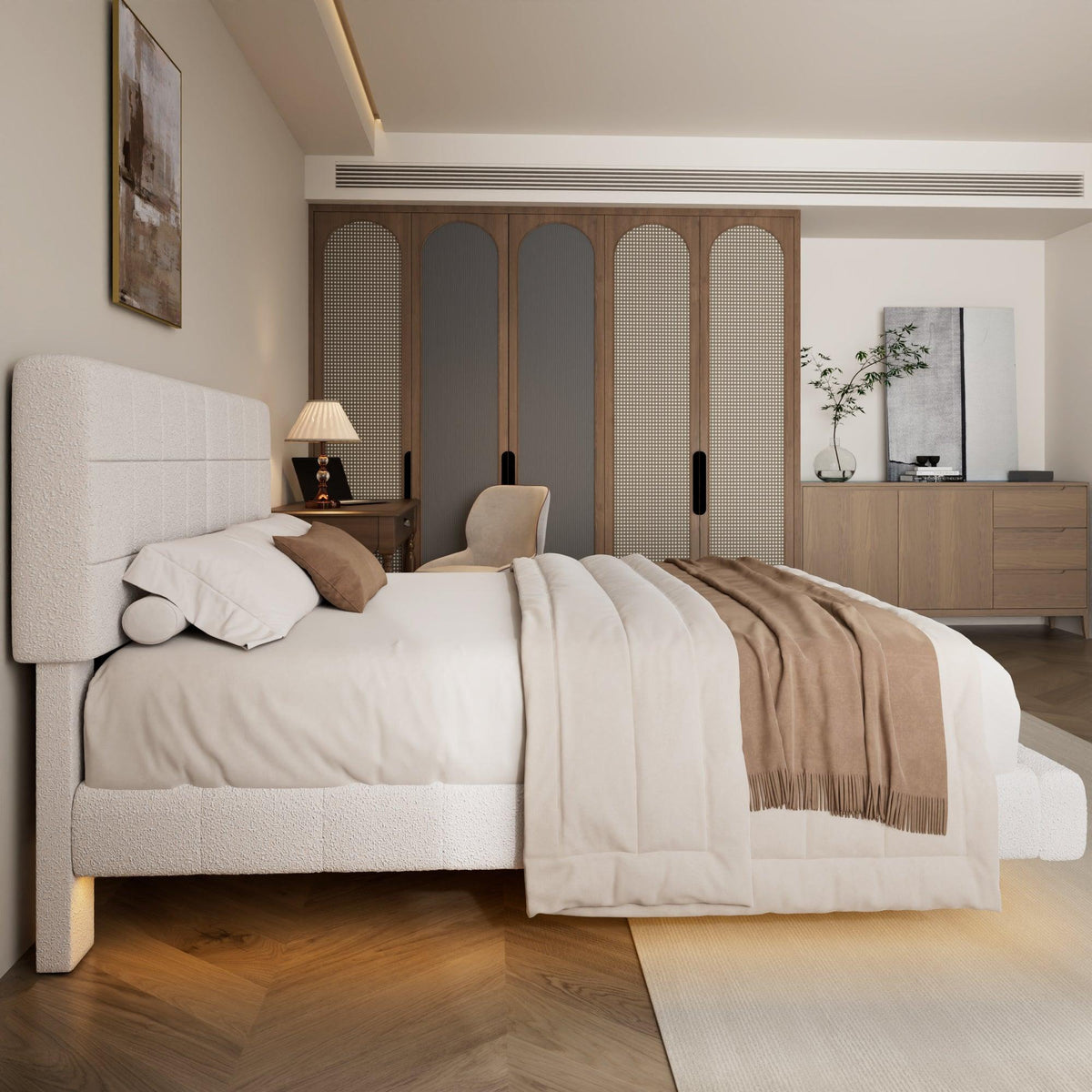 White  Boucle Floating Bed with Light,Queen
