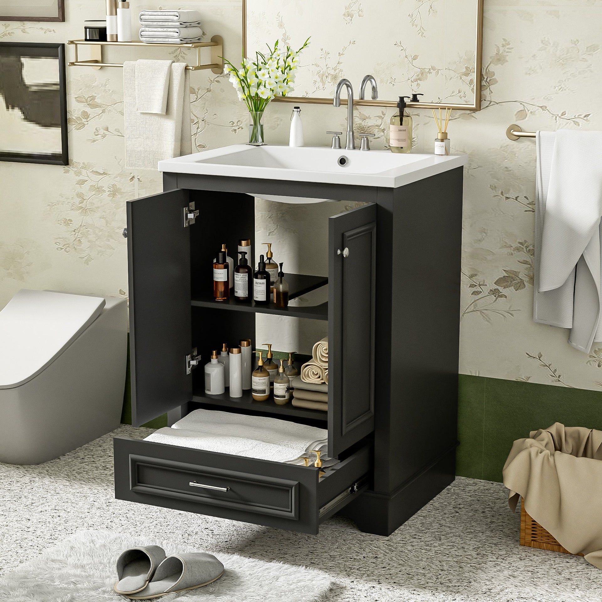 Bathroom Vanity with Ceramic Sink and Modern Freestanding Storage Cabinet, Soft-Close Doors