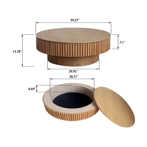 39.37'' Round Coffee Table with Storage Solid Wood Veneered Modern Coffee Table Accent Tea Table for Living Room, Bedroom, Apartment or Office, Natural Wood