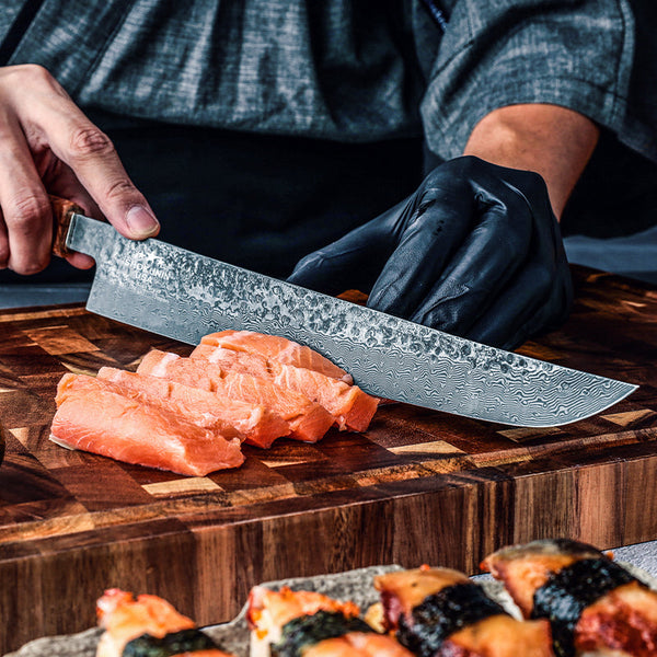 Prime Custom Japanese Slicer Knife with Exotic Olive Wood Burl Handle