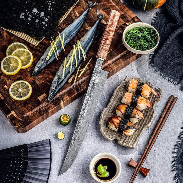 Prime Custom Japanese Slicer Knife with Exotic Olive Wood Burl Handle