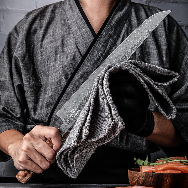 Prime Custom Japanese Slicer Knife with Exotic Olive Wood Burl Handle