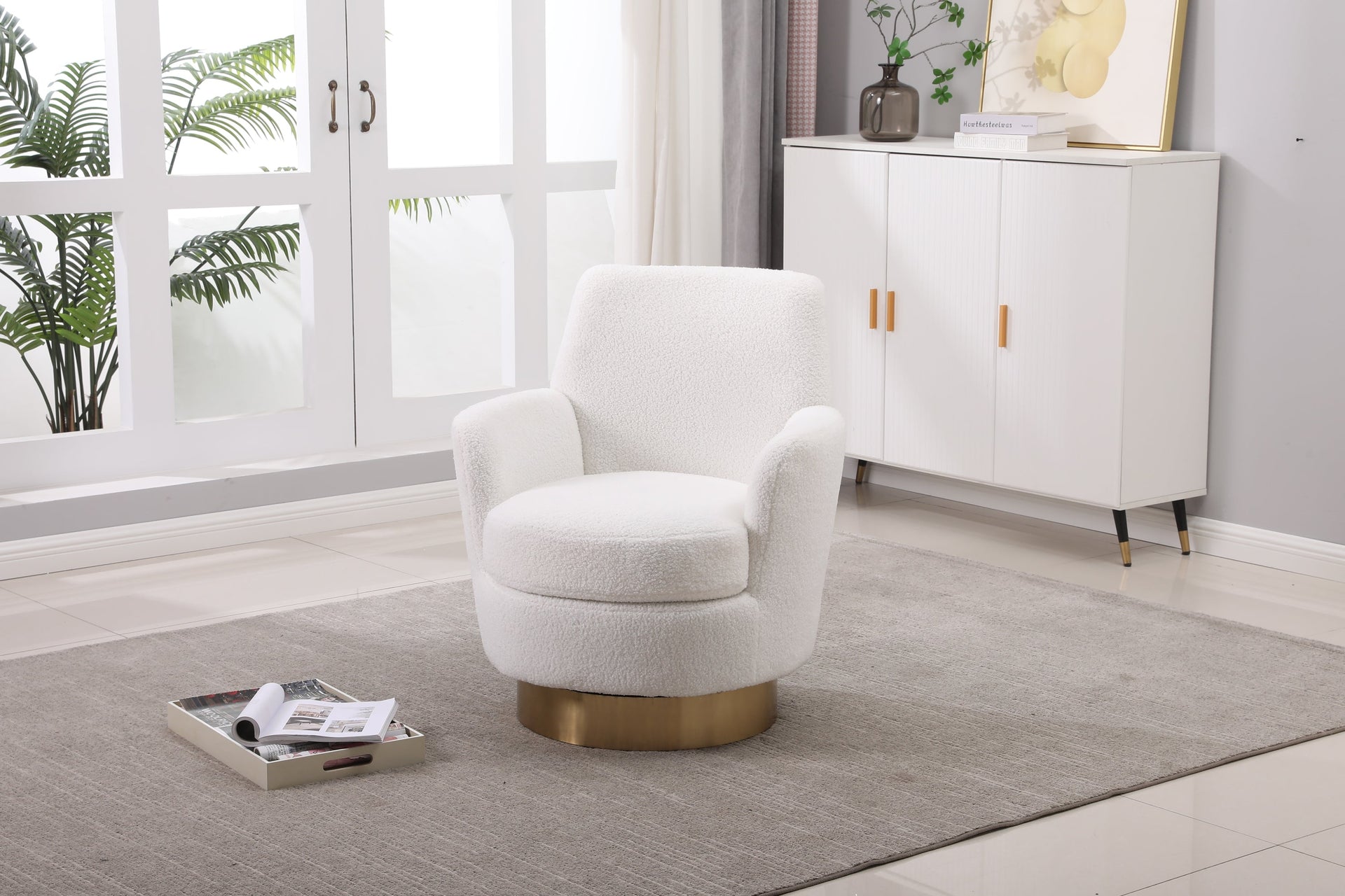White Velvet Swivel Barrel Chair