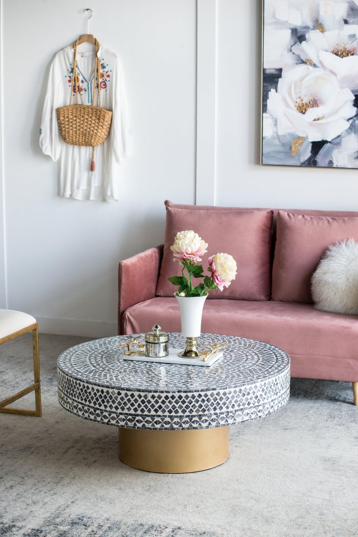 Modern Boho Round Capiz Coffee Table with