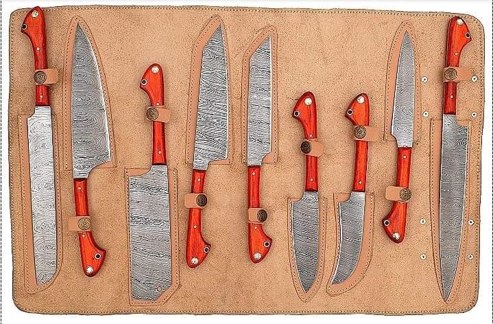 Custom Handmade Damascus Steel Chef Knife – 13” with 8” Blade, Pakkawood Handle & Leather Roll Kit | Best Damascus Knives