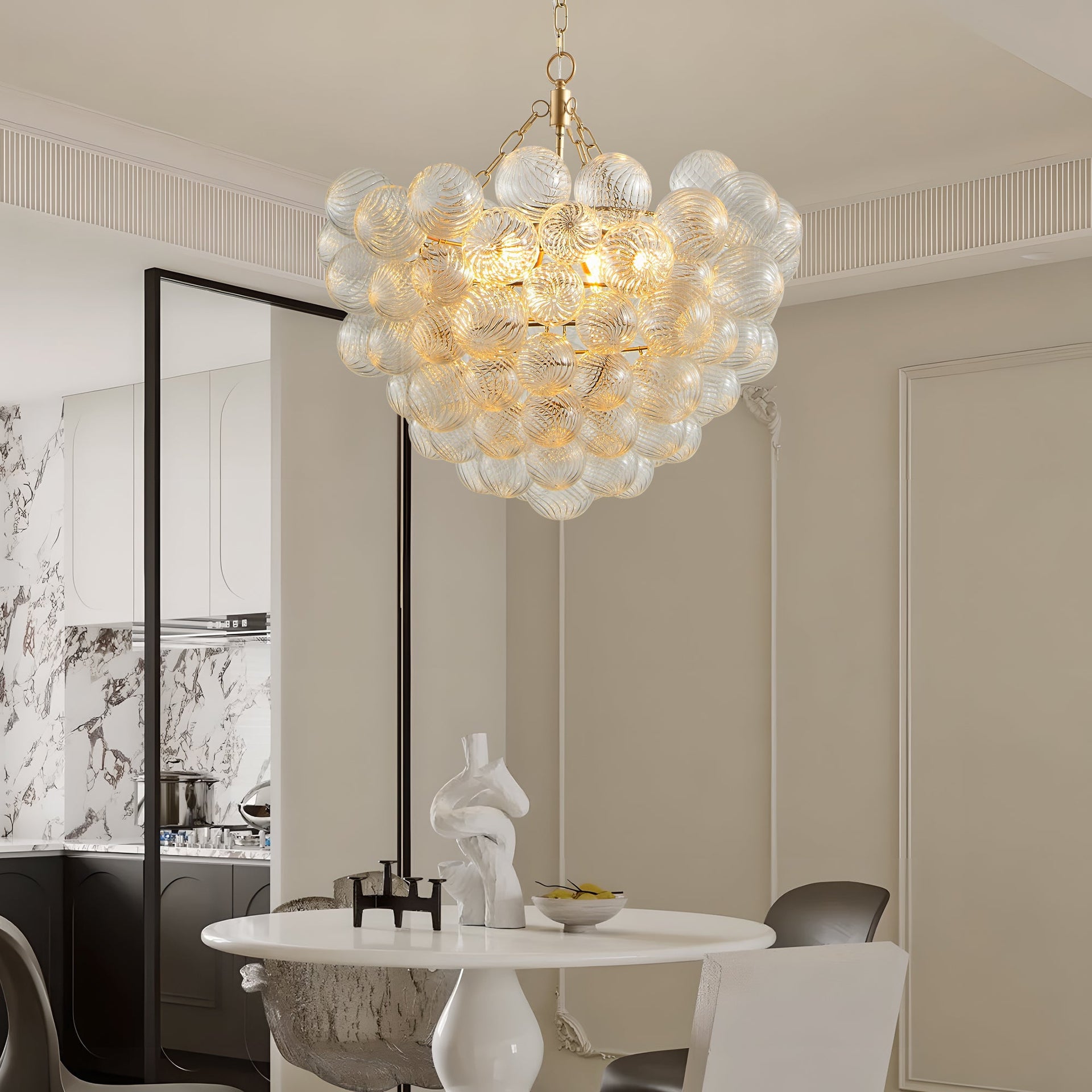 Gold Pendant Chandelier with Threaded Clear Glass Globe Shade for Living, Dining & Kitchen