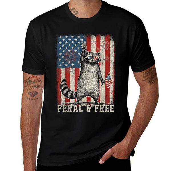 Feral But Free Raccoon July 4th Patriotic for Family  Oversized Silhouette T-Shirt