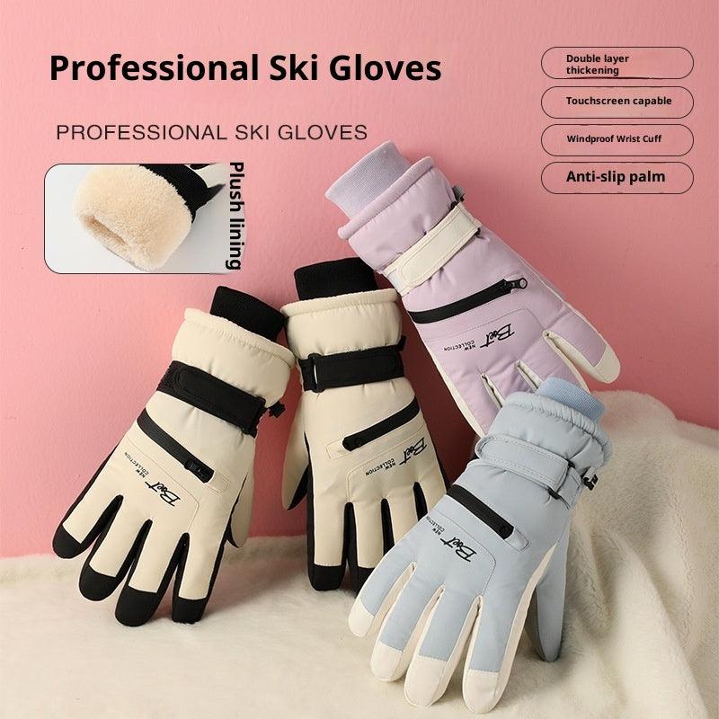 Winter Fleece-lined Thickened Men's And Women's Skiing Gloves Thermal And Windproof