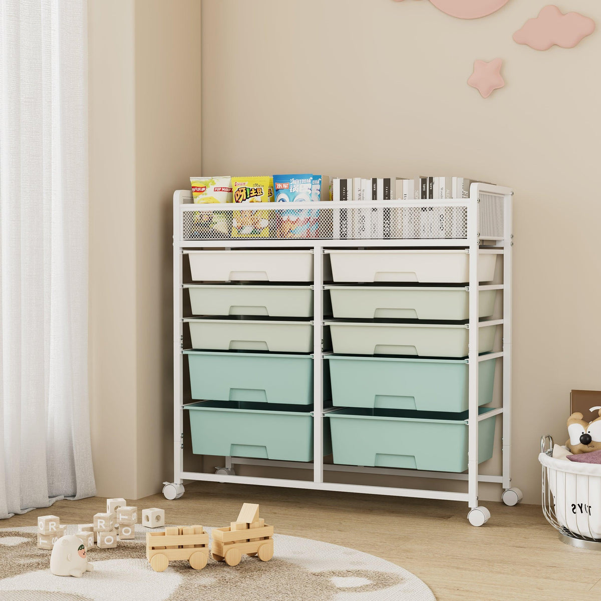 White Large Capacity 2-Row 10-Drawer Rolling Storage Cart