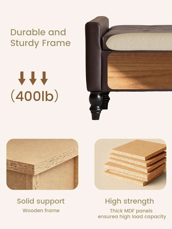 Brown Genuine Leather Storage Ottoman Bench Bedside