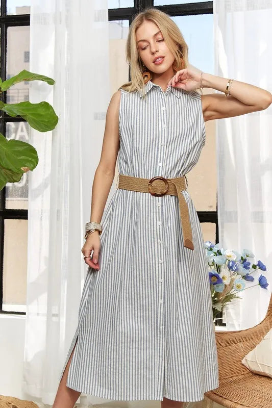 New Striped Button Down Sleeveless Midi Dress For Women – Classic, Elegant, Stylish, Chic, Timeless Striped Midi Dress For Any Occasion
