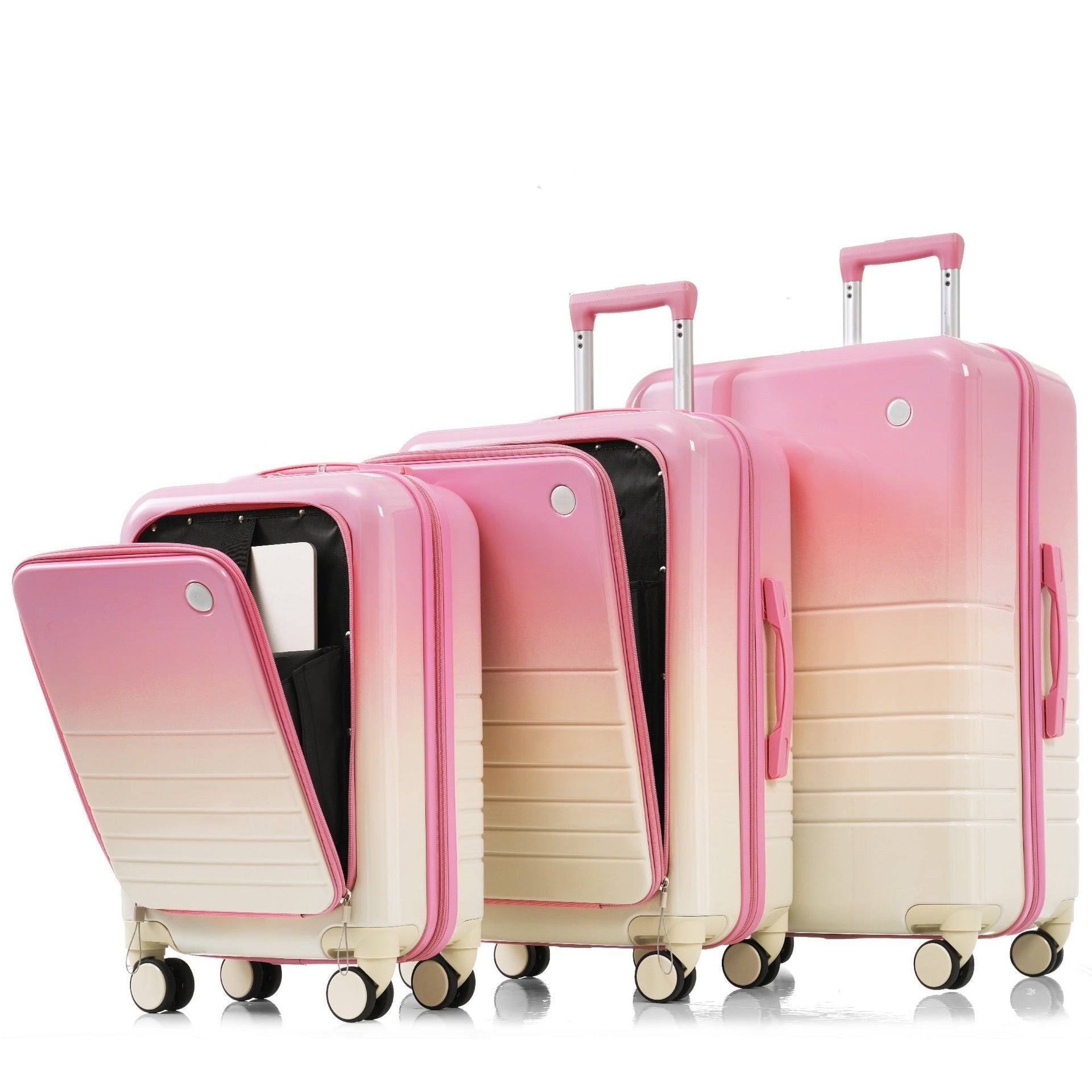 Luggage Set of 3, 20, 24, 28inch with USB Port, 20, 24inch with front opening design Airline Certified Carry on Luggage with Cup Holder, ABS+PC Hard Shell Luggage with Spinner Wheels, pink