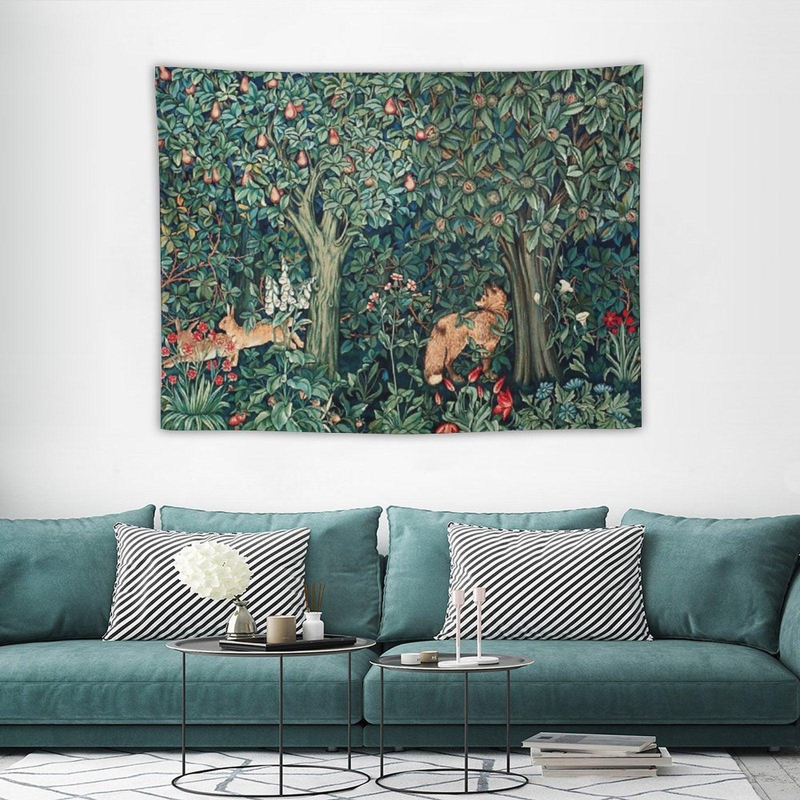 GREENERY, FOREST ANIMALS Fox And Hares Blue Green Floral Tapestry Tapestry