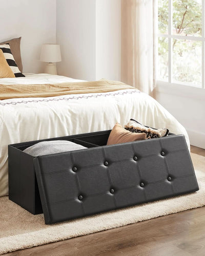43 Inch Folding Storage Ottoman Black Synthetic Leather