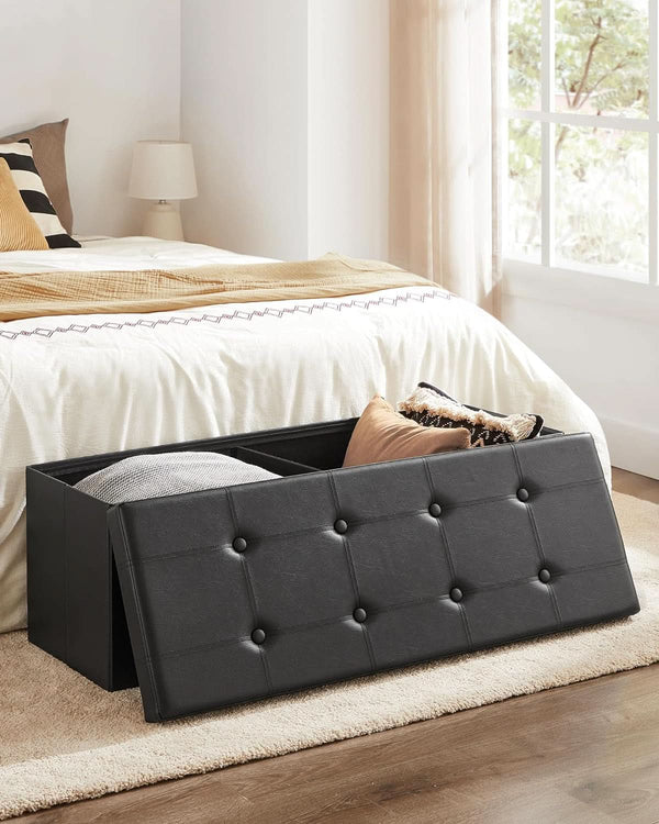 43 Inch Folding Storage Ottoman Black Synthetic Leather