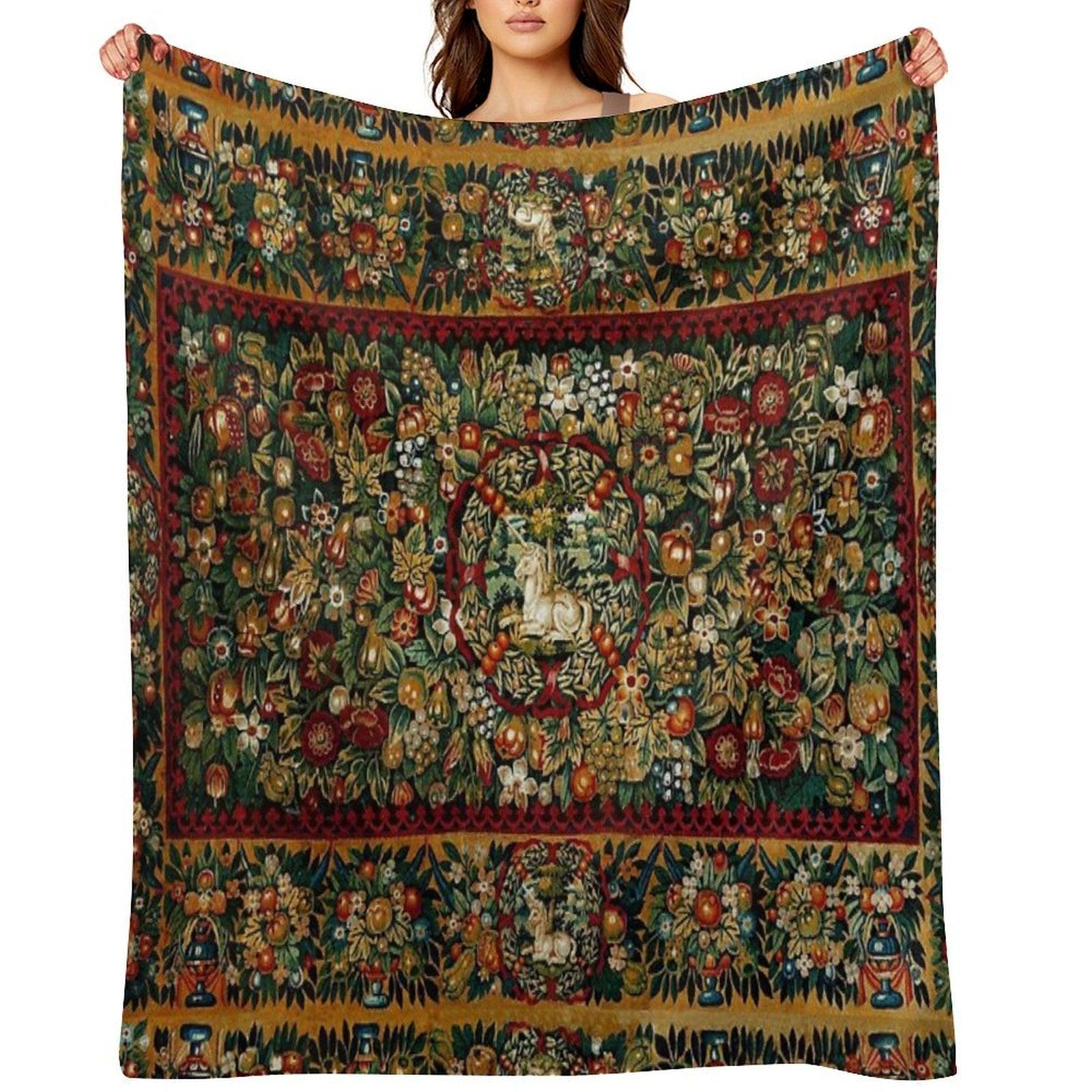 Medieval Unicorn Floral Tapestry Throw Blanket