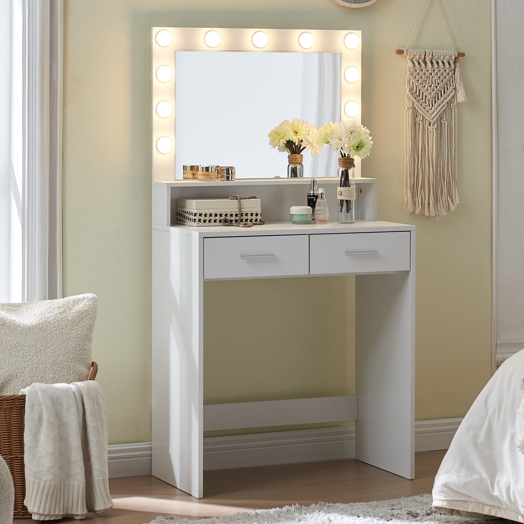 Vanity Desk with Mirror and Lights, Large Drawer and 2-Level Storage, Adjustable Brightness