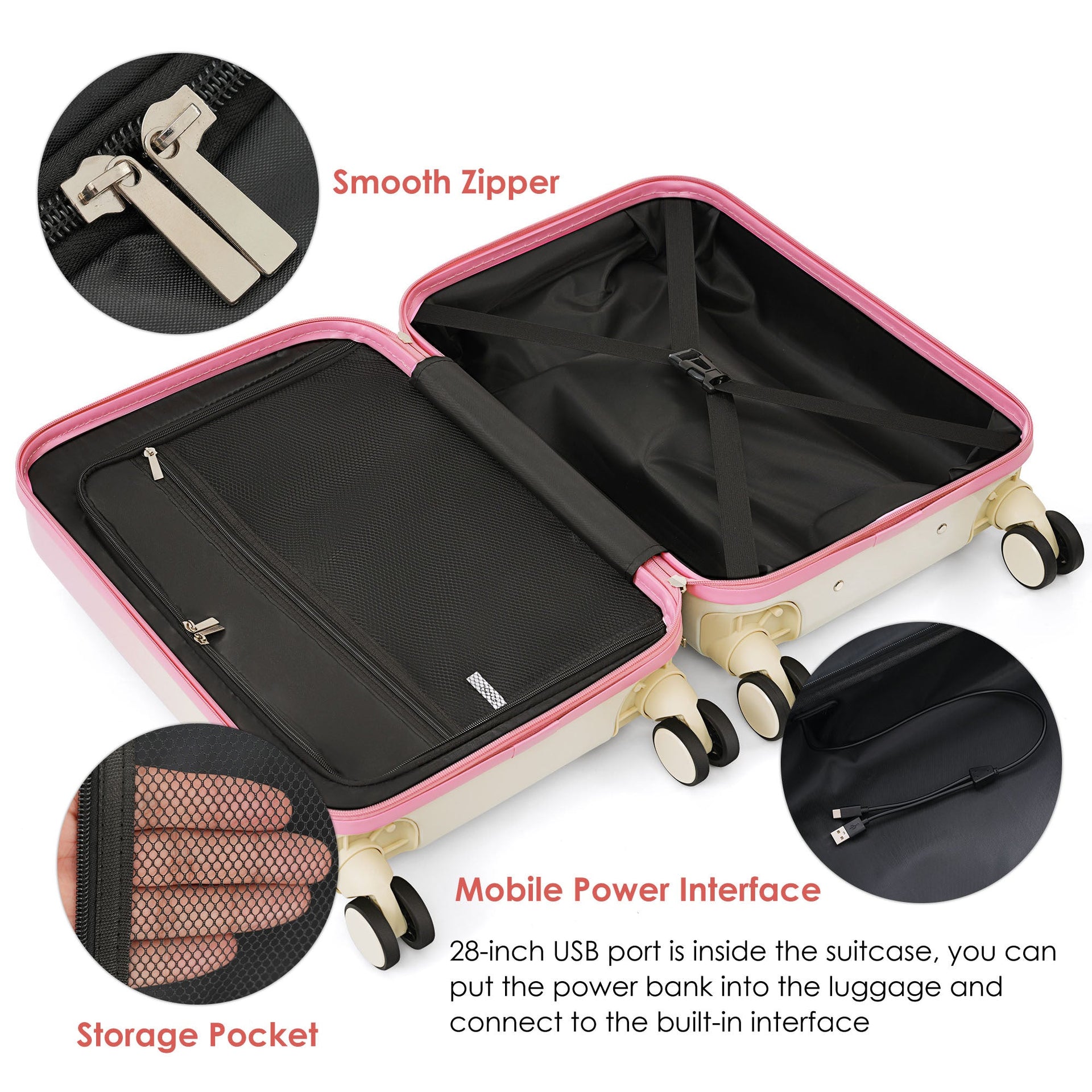 Luggage Set of 3, 20, 24, 28inch with USB Port, 20, 24inch with front opening design Airline Certified Carry on Luggage with Cup Holder, ABS+PC Hard Shell Luggage with Spinner Wheels, pink