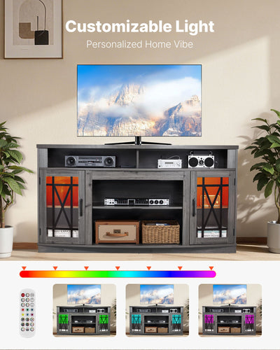 TV Stand For TVs Up To 65 Inch, Farmhouse Entertainment Center With Light Strip, Wooden TV Cabinet Storage With Glass Doors And Adjustable Shelves, Console Table For Living Room, Bedroom, Gray