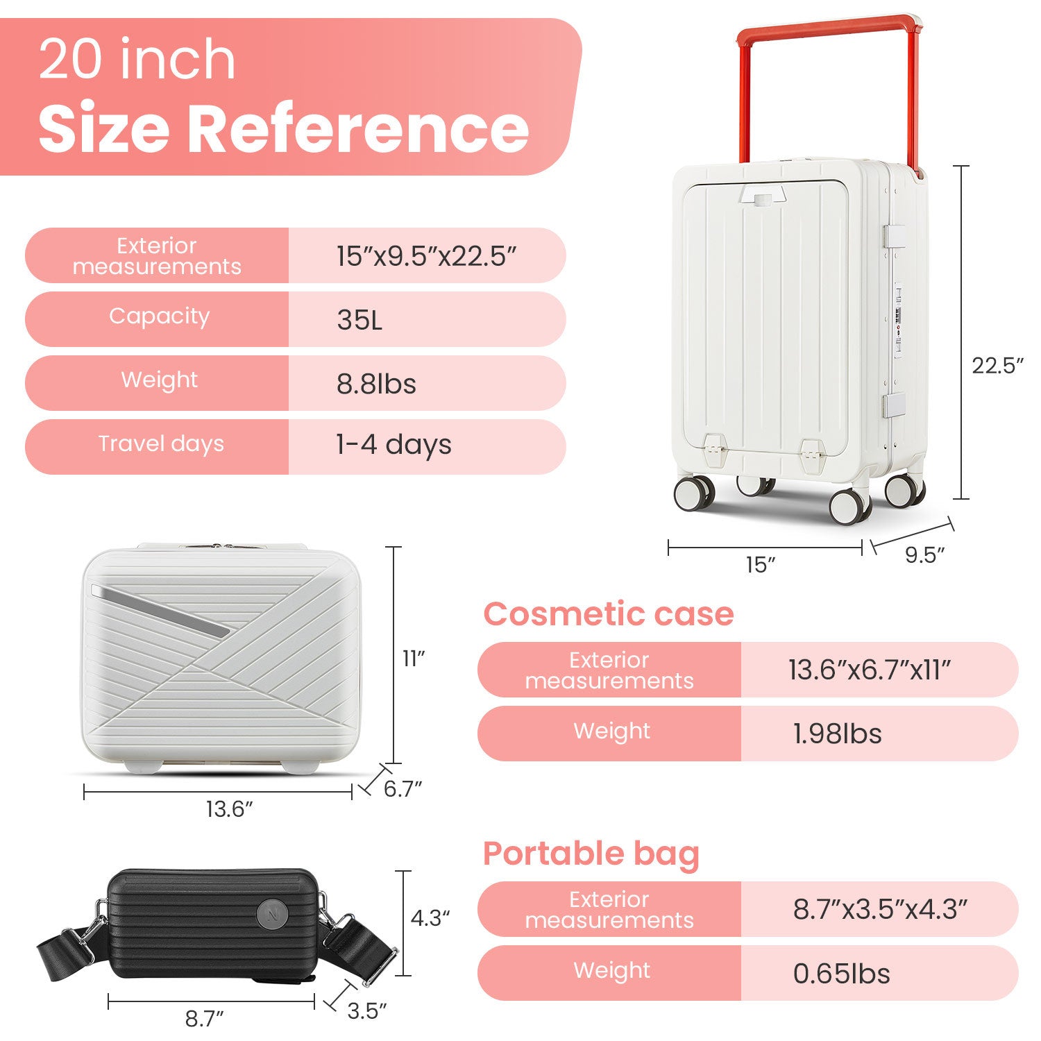 Aluminum Frame 20 Inch with Front Open Carry-on Luggage, PC Hard Shell Suitcase, Bounce Wide Handle Pull Rod Luggage with 360°Double Wheels, Built-In TSA Lock, Airline Approved Suitcase for Business