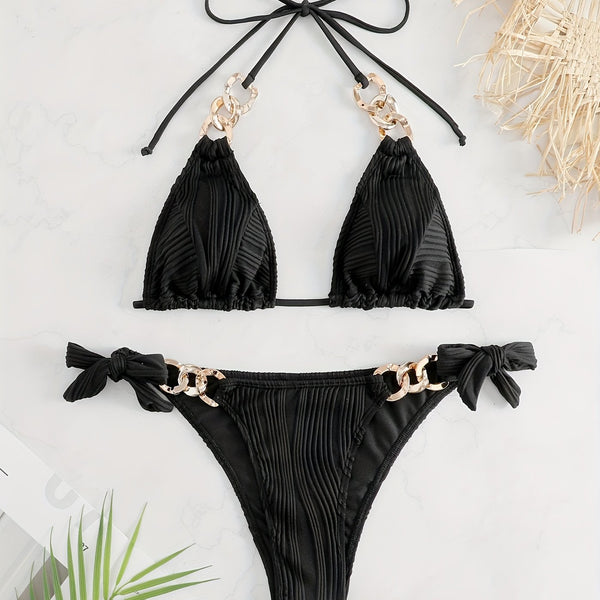 Bikini Ruched Texture Golden Chain 2 Piece Triangle Swimsuit for Women – Striped Halter Bikini Set with Bow Tie Side and Elegant Ring Link Detail – Stretchy Beachwear for Pool Bathing and Summer Vacations