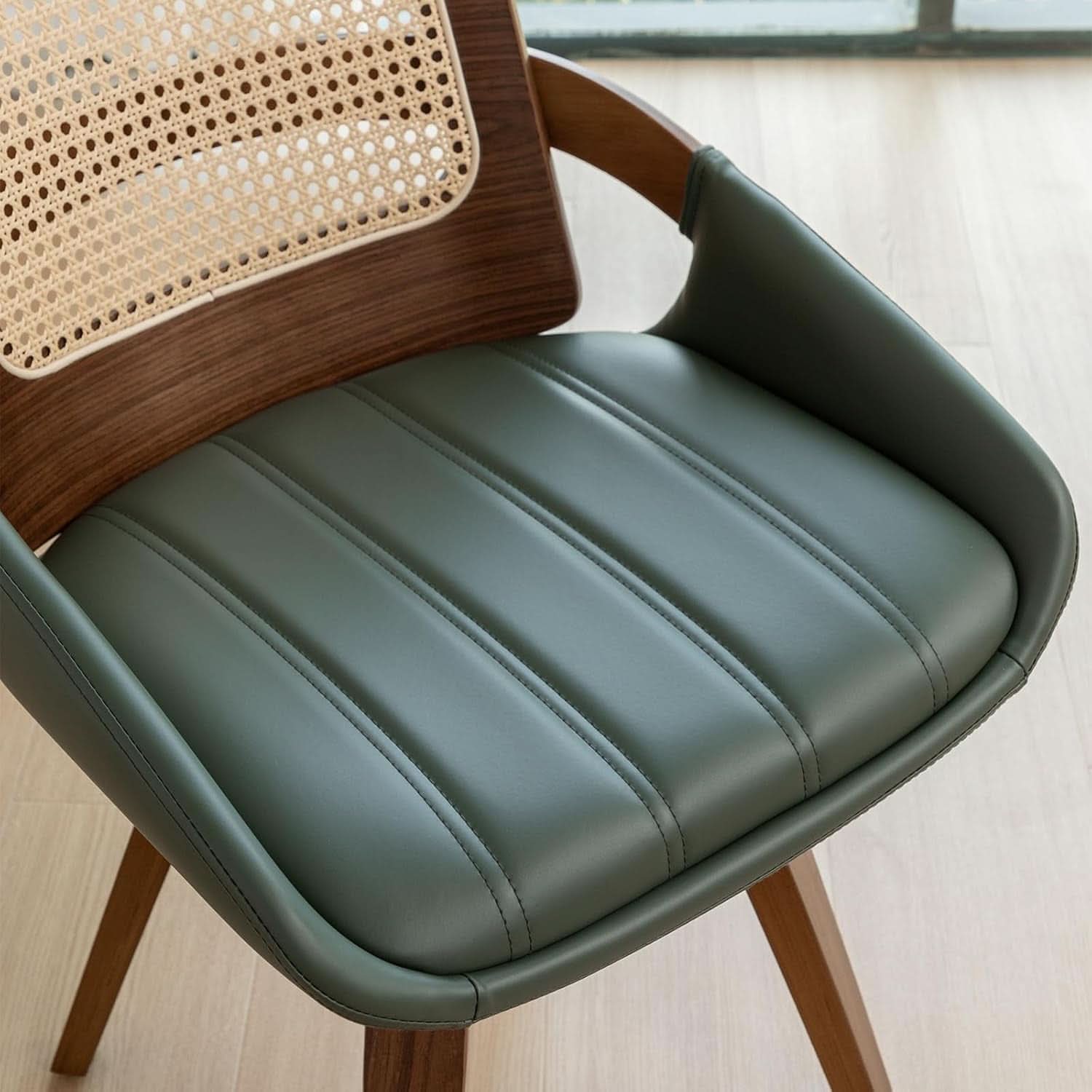 Set Midcentury Green Rattan Bentwood Dining Chairs
