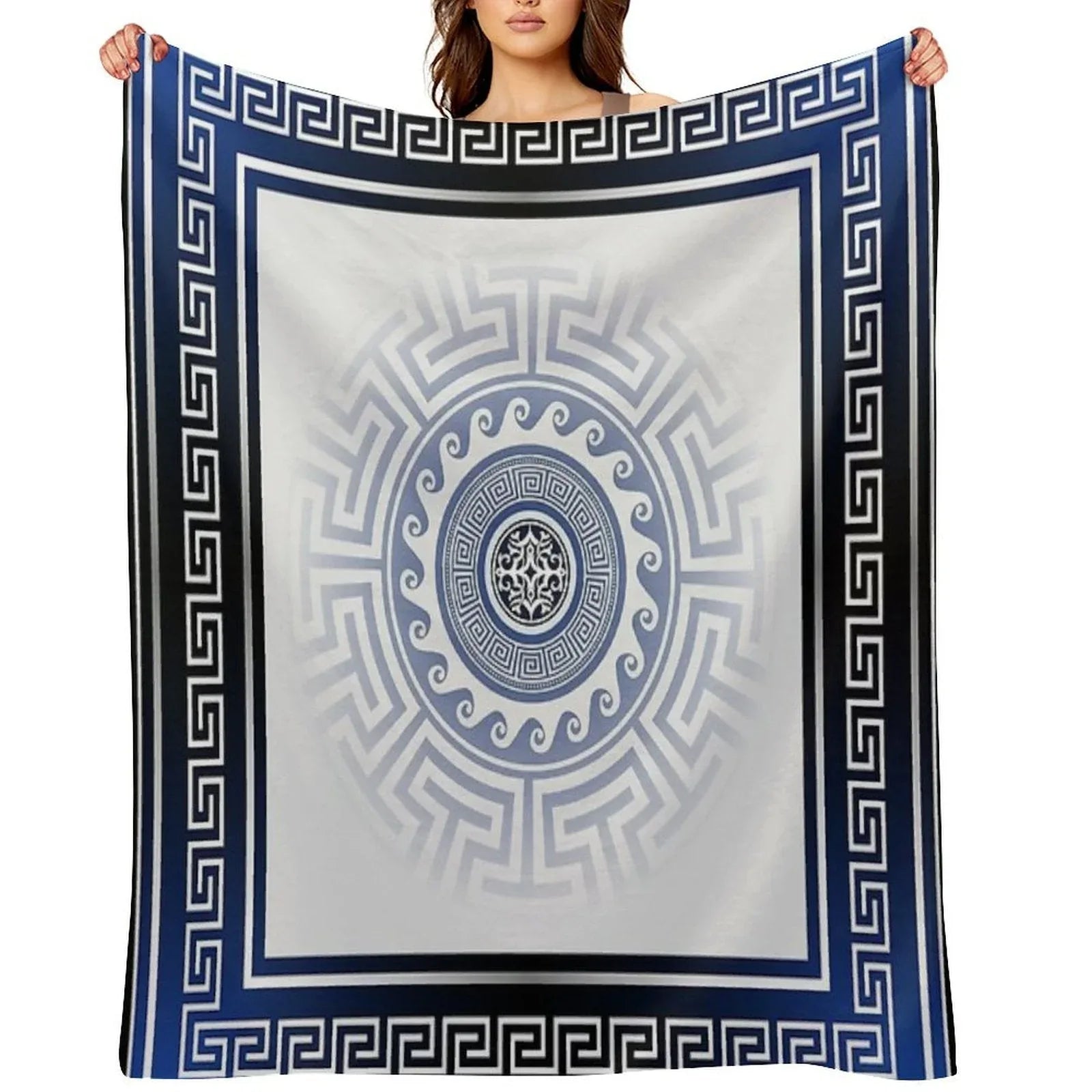 Greek Key Meander Blue White Silver Throw Blanket