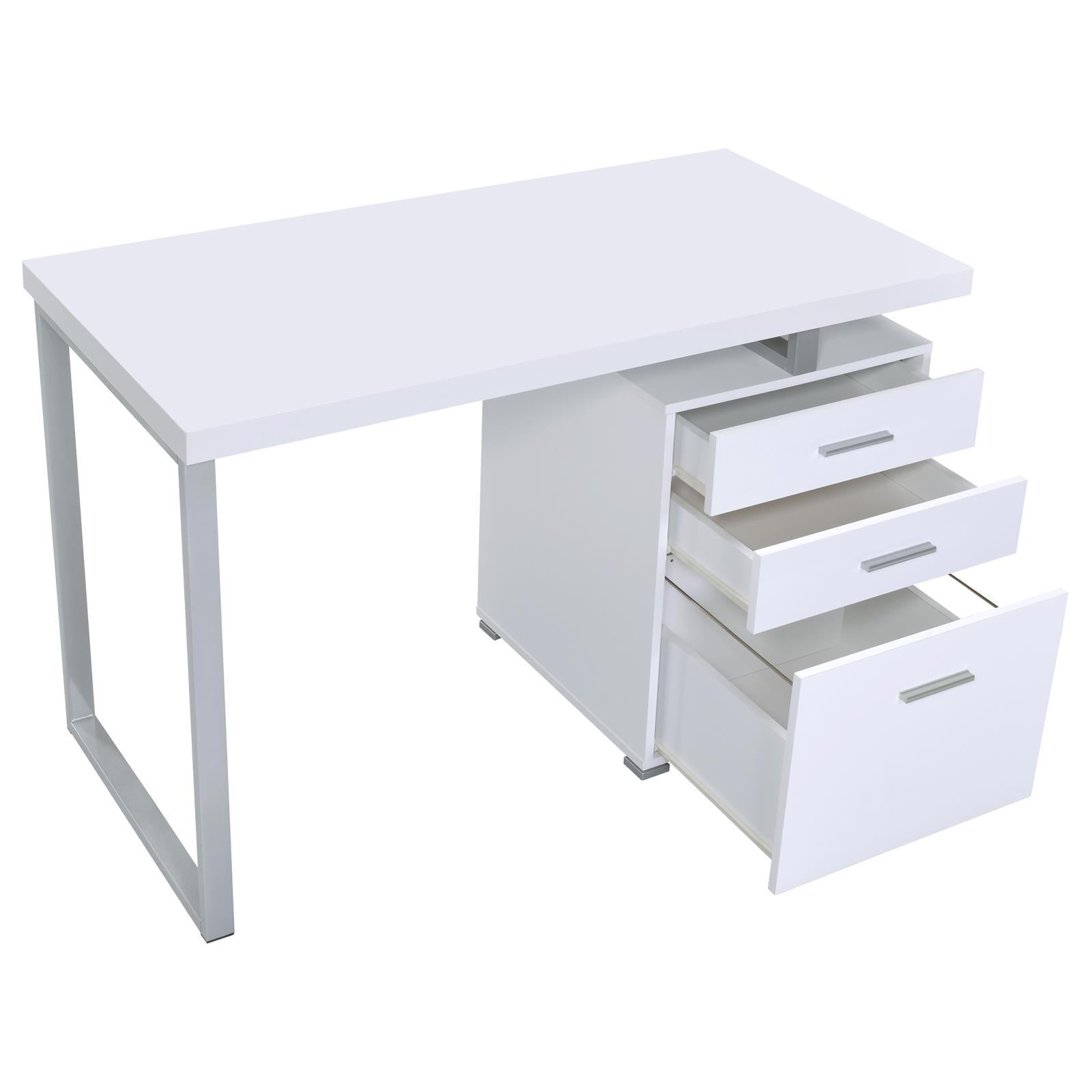 White 3-drawer Reversible Office Desk with all drawers open, displaying ample storage for documents, supplies, and office essentials.