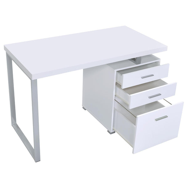 White 3-drawer Reversible Office Desk with all drawers open, displaying ample storage for documents, supplies, and office essentials.