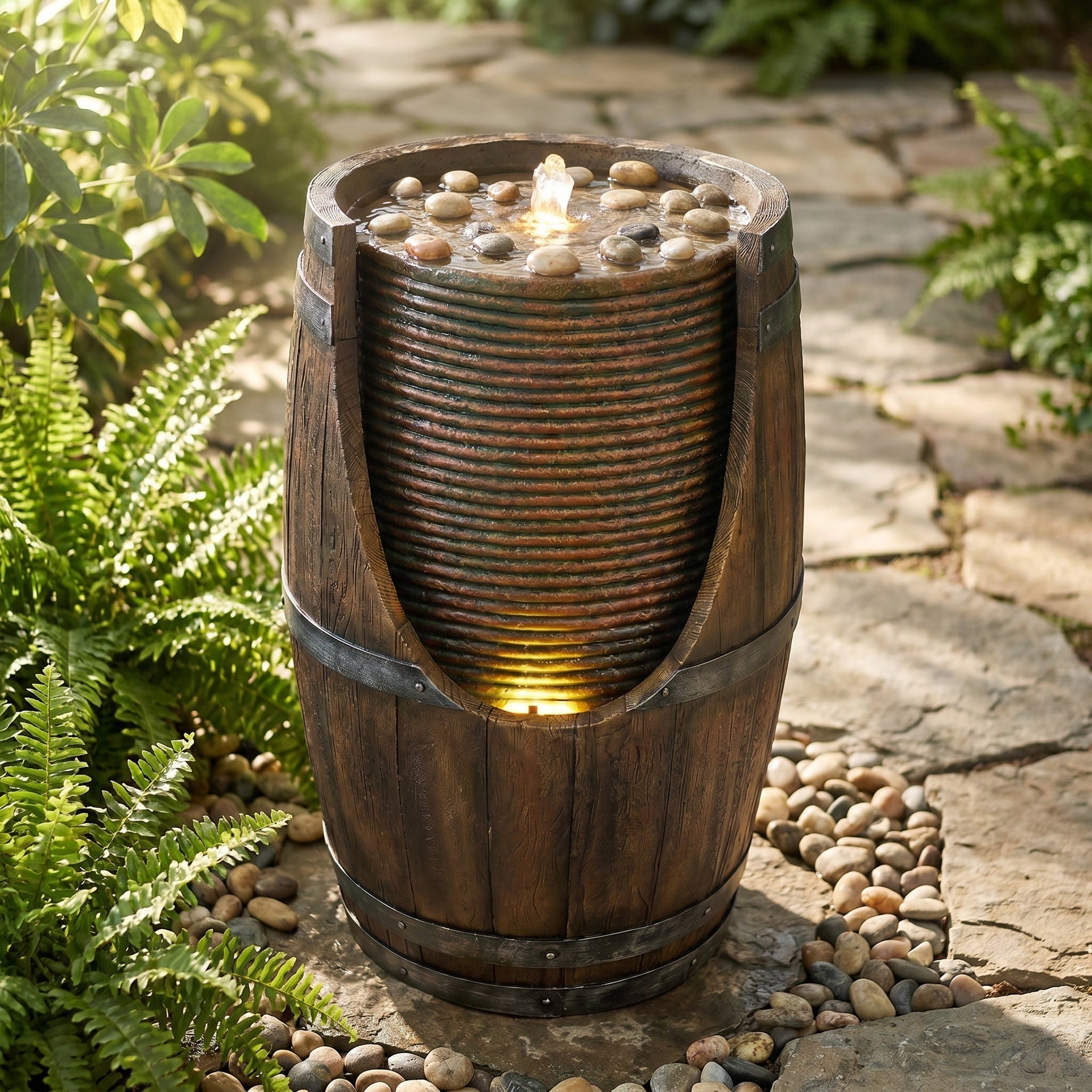 Resin Rustic Barrel Outdoor Water Fountain 24 Inch LED