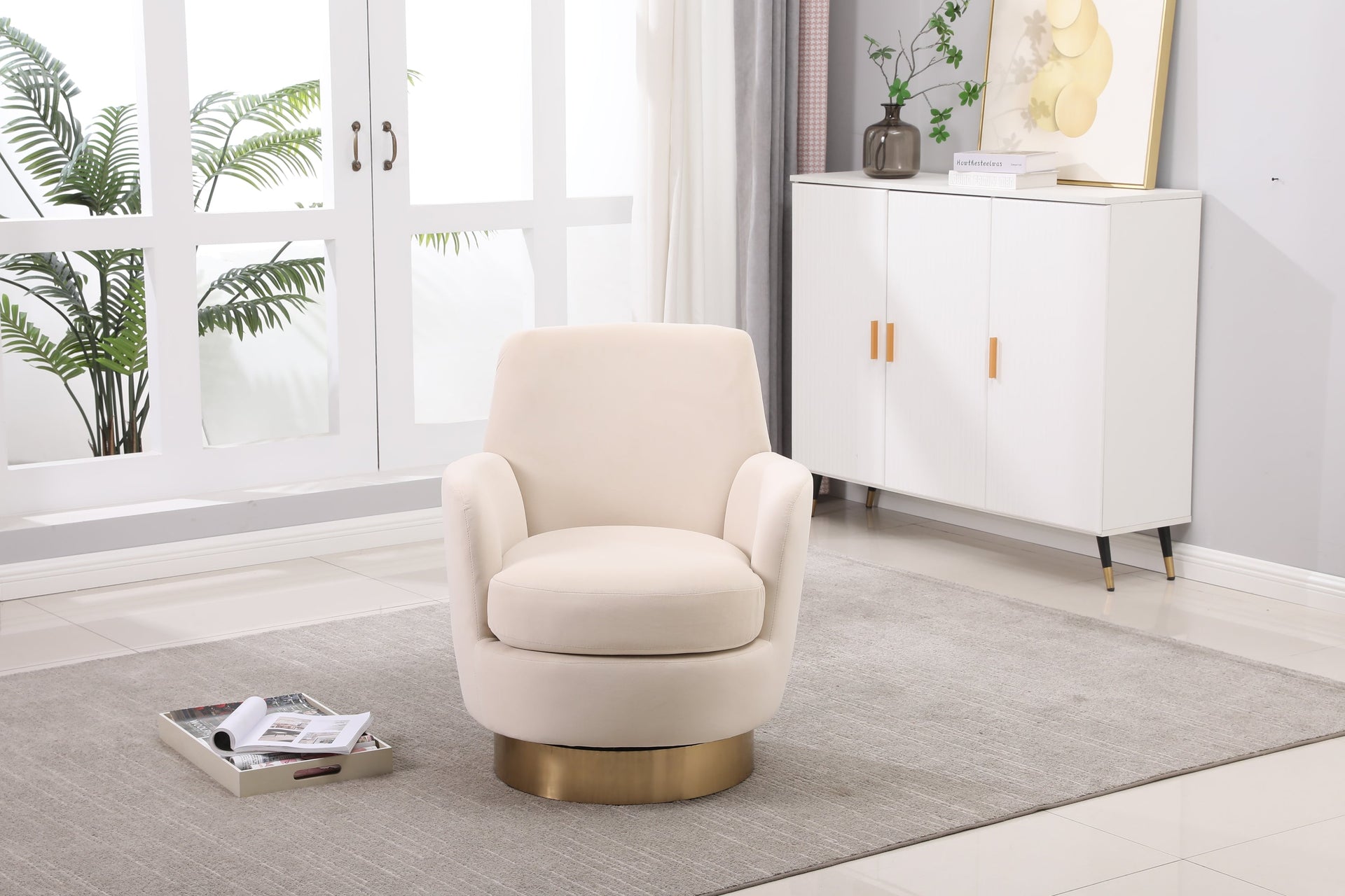 Beige Orange Velvet Swivel Barrel Chair