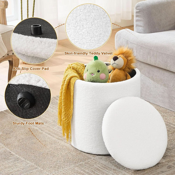 White Round Boucle Velvet Upholstered Storage Ottoman
