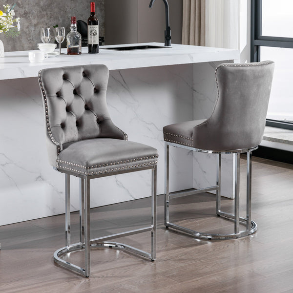 Counter Height Velvet Bar Stools with Button Back & Rivet Trim Upholstered Seats