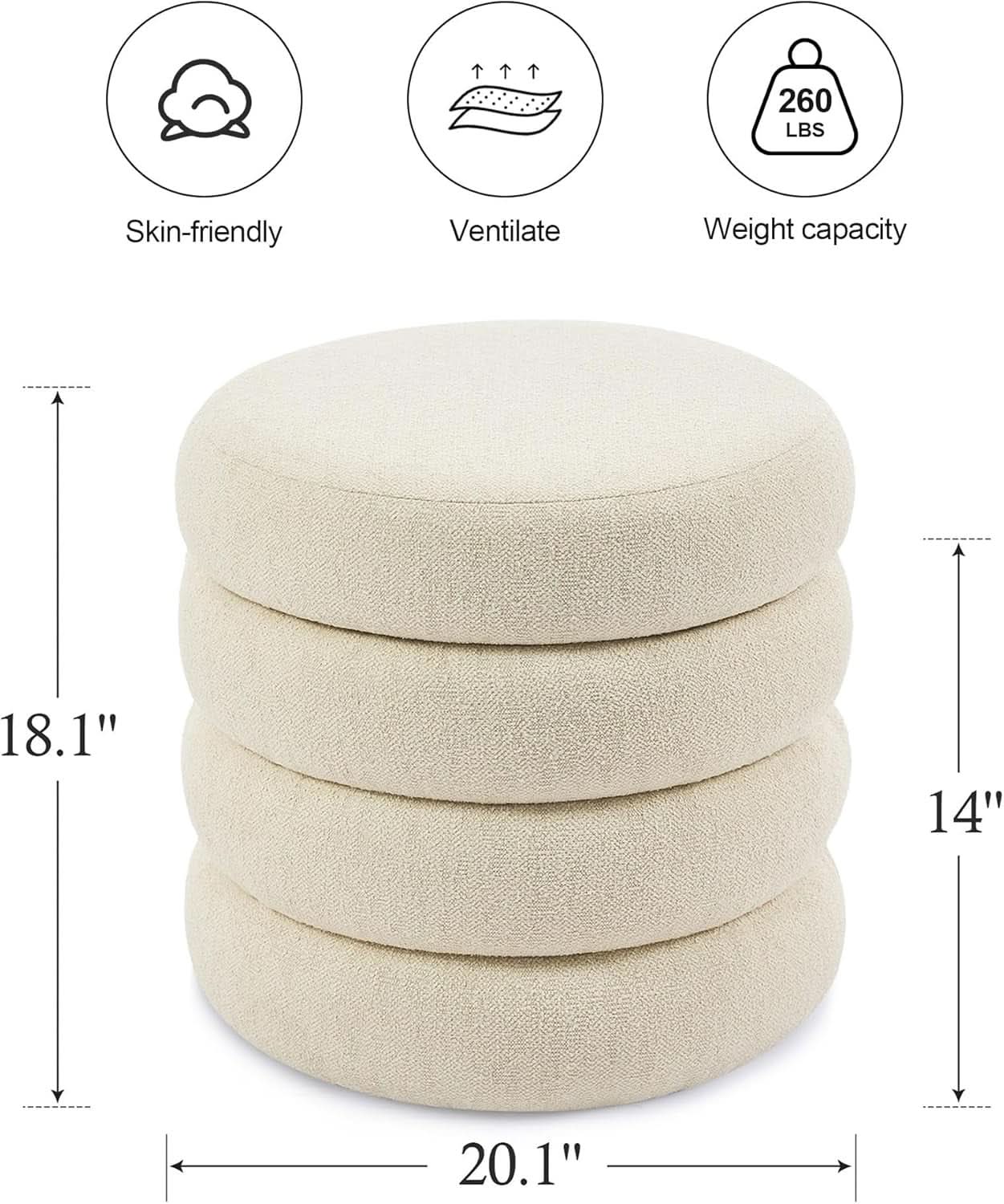 Beige Linen Upholstered Round Storage Ottoman Removable Lid