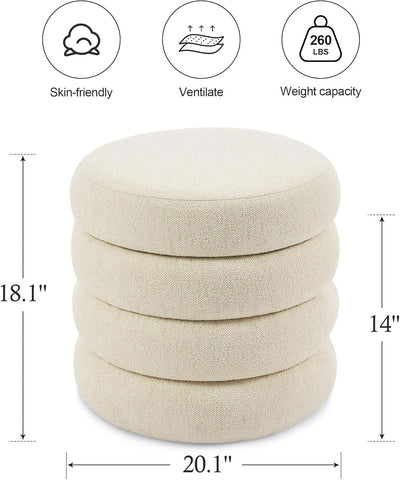 Beige Linen Upholstered Round Storage Ottoman Removable Lid
