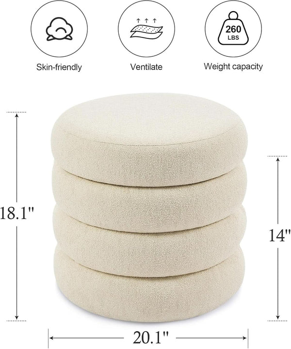 Beige Linen Upholstered Round Storage Ottoman Removable Lid