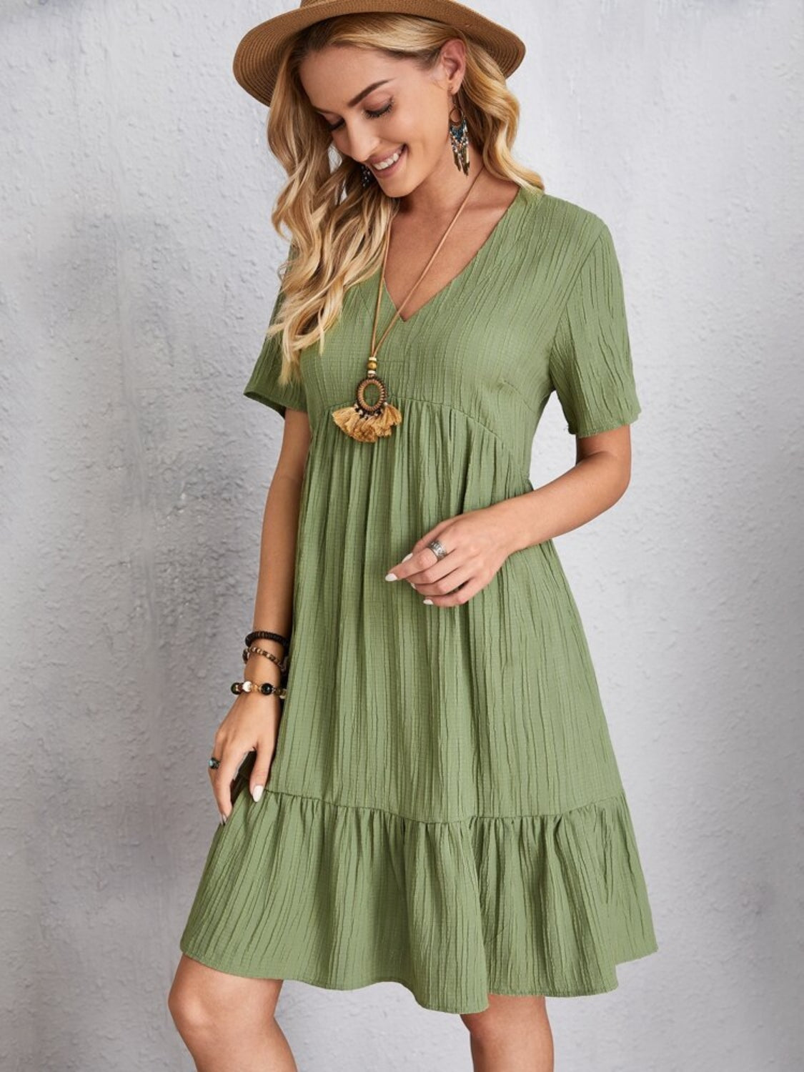 Classic Full Size V-Neck Short Sleeve Dress Casual & Comfortable Dress for Women
