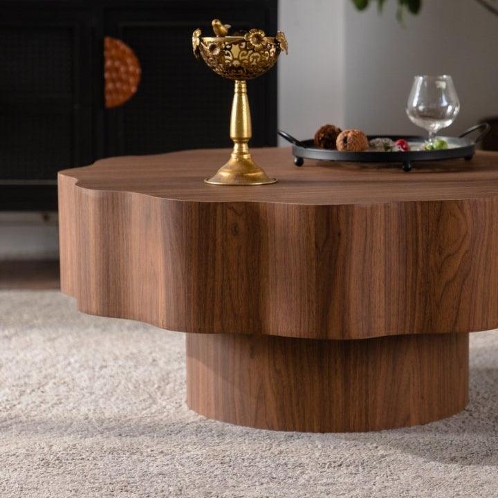 Round Walnut Scalloped Coffee Table